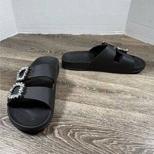 Cacatoes Womens 7 Black Slides w/ Bling Jeweled Buckle Resort Beach Streetwear